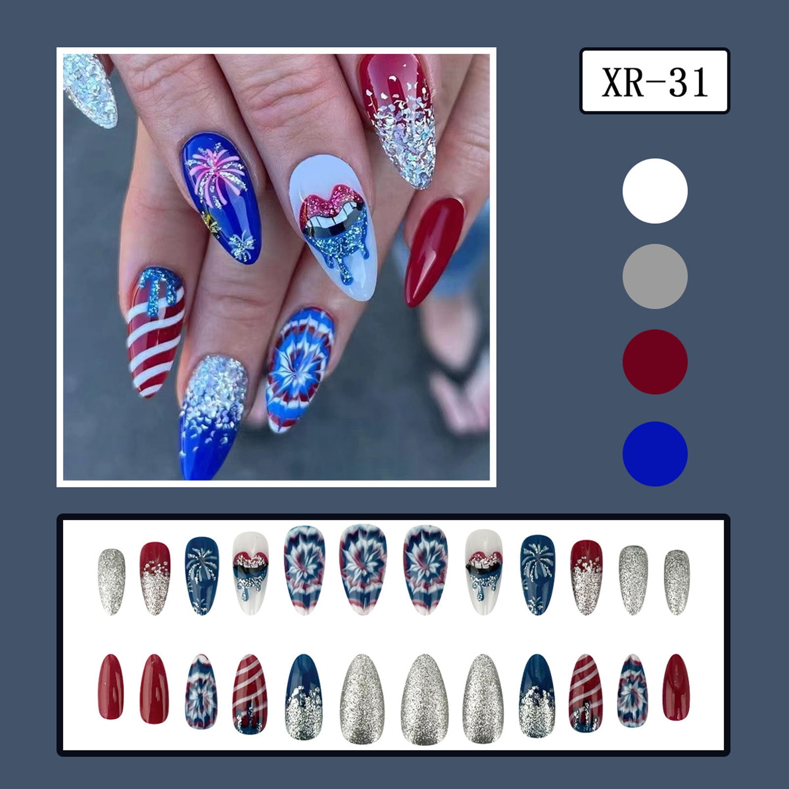 Herunwer 4th of July Press on Toenails Short Square Fake Toenails with Stars Designs Glossy Toe Nail Press ons Red Blue Acrylic Toenails Independence Day Glue on Toe Nails