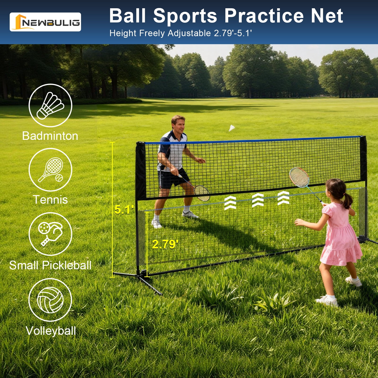 JIOABL Portable Badminton Net Set, 14FT Adjustable Height for Outdoor & Indoor Use, Includes Carry Bag, Easy Setup No Tools Needed, Blue-Black