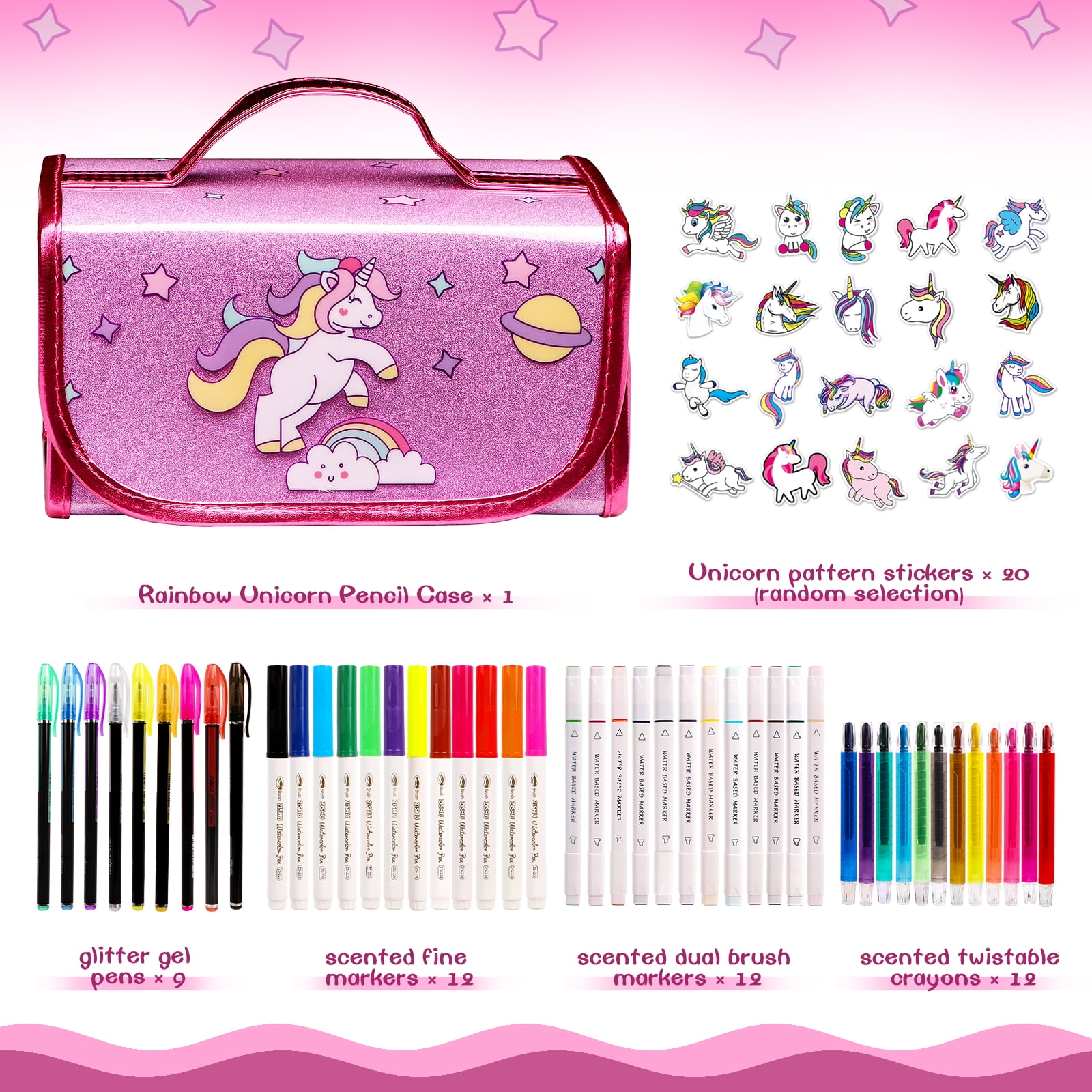 Fruit Scented Markers Set 44 Pcs Filled Stationery with Unicorn Pencil  Case,Art Supplies for Kids Ages 4-6-8, Perfect Unicorn Gifts For