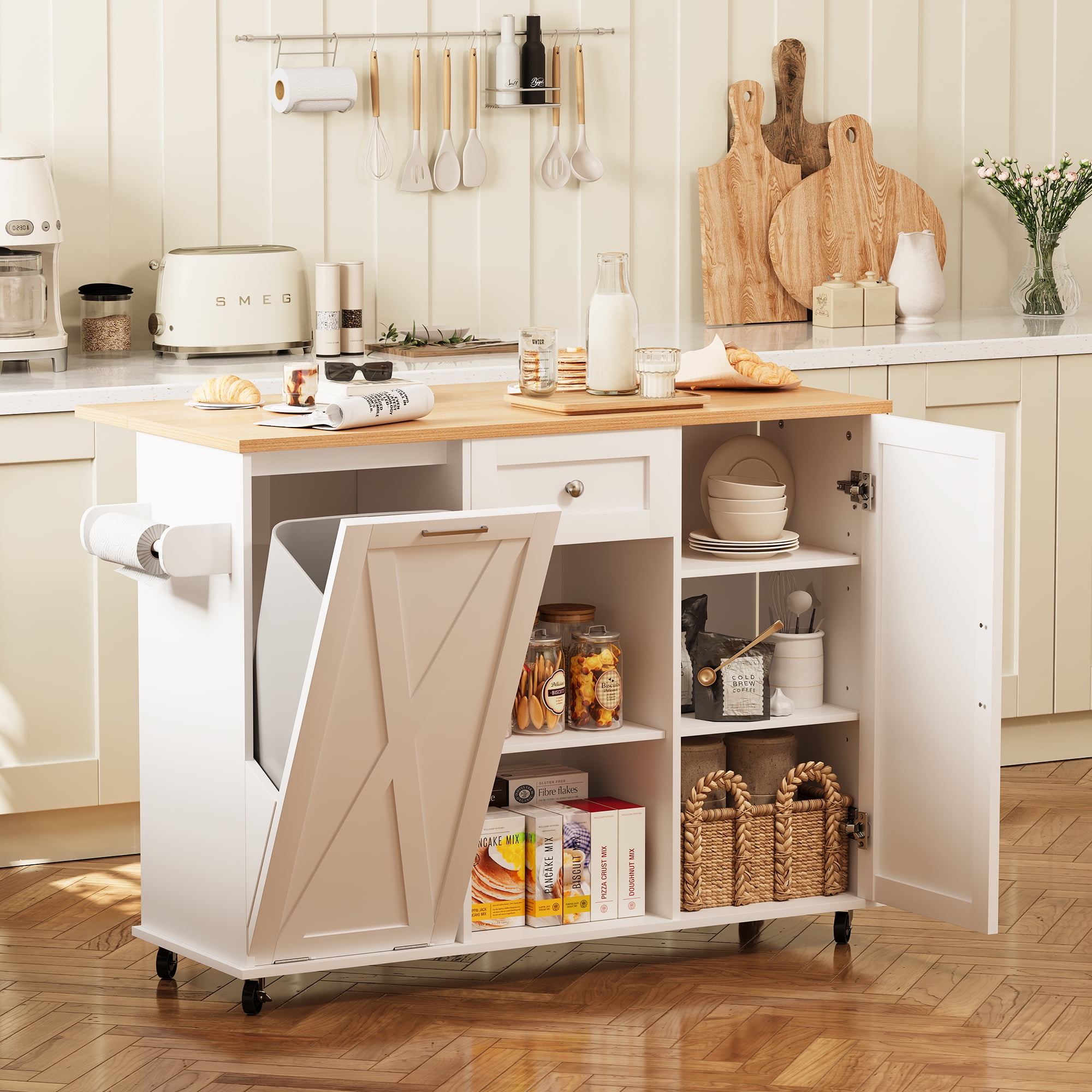 spanspace 48" Kitchen Island Cart with Drop Leaf , 10 Gallon Storage and Tilt Out Trash Can Cabinet , Portable Kitchen Island with Wheels Drawer and Adjustable Shelves for Kitchen, White