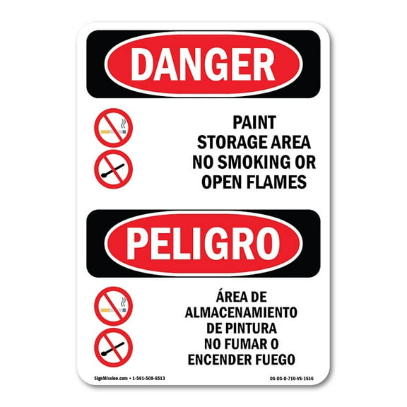 OSHA Danger Sign - Paint Storage No Smoking Flames Bilingual | Decal | Protect Your Business, Construction Site, Shop Area |  Made in The USA