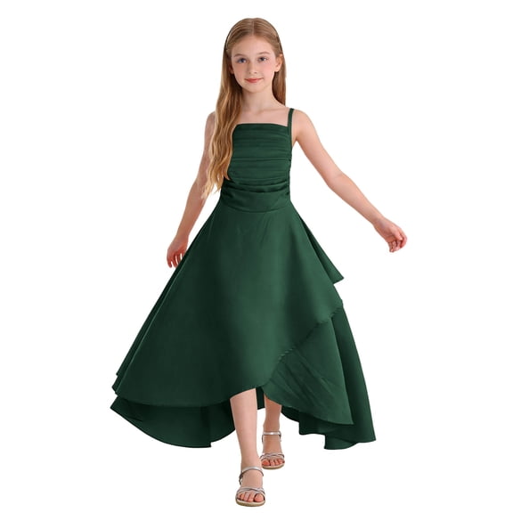 Quealent Spaghetti Straps Junior Bridesmaid Dresses A Line Chiffon Flower Girl Dress Ruffles Girls Formal Dresses (Dark Green, 9-10 Years)