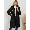 thumbnail image 6 of Women's Stand Collar Mid-Length Cotton Padded Coat with Removable Hood & Pockets, Black Long Sleeve Zipper Design, Windproof Warm Heavyweight Casual Jacket for Spring Autumn Winter, S-XL, 6 of 11