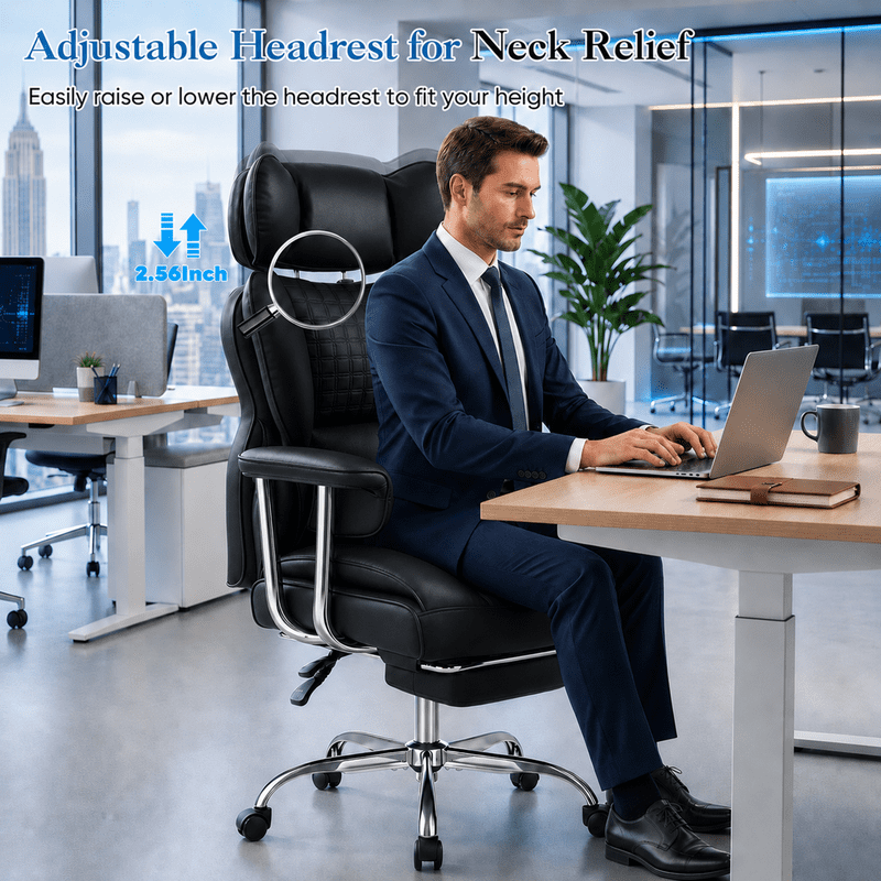 Simple Deluxe 350lbs Executive Heavy Duty Office Chair for Big & Tall, PU Leather Ergonomic Reclining Desk Chair with Footrest, Pocket Spring Cushion, Black