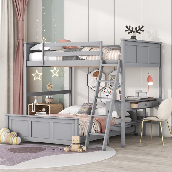 FFZ Full Over Full Bunk Bed with Desk and Storage Drawers, Solid Wood MDF, 79.5 x 57.2 x 68.3 inch, Gray