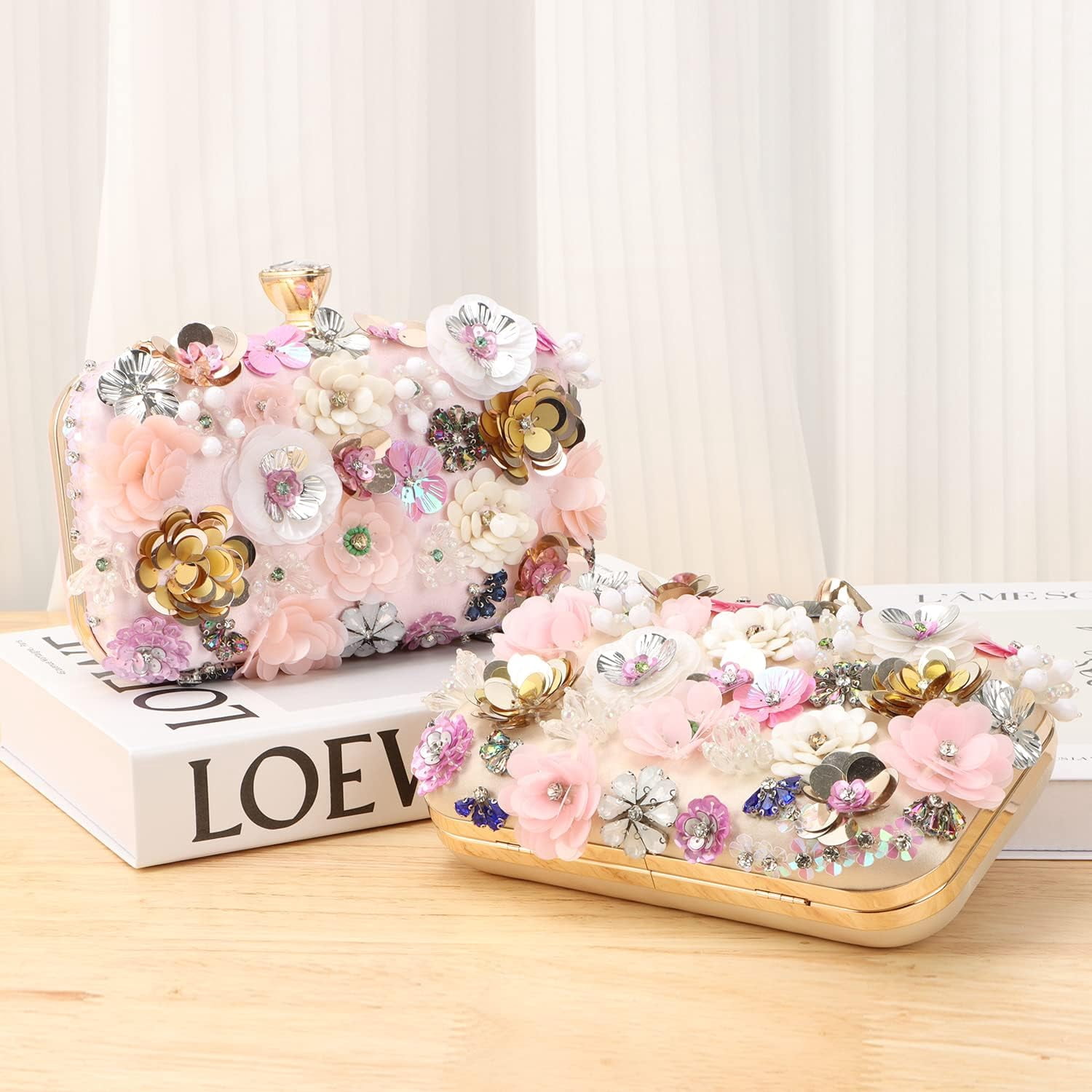 3D Flower Clutch Purses for Women Gold Formal Wedding Party Evening Bags Chain Floral Shoulder bag