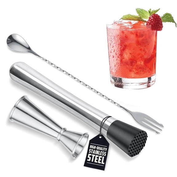 3Pcs Stainless Steel Cocktail Muddler and Mixing Spoon Home Bar Tools Set, 10 & 12 Inch Spiral Bar Spoon with Muddler for Making Delicious Mojitos, Fruit Based Drinks, Juice