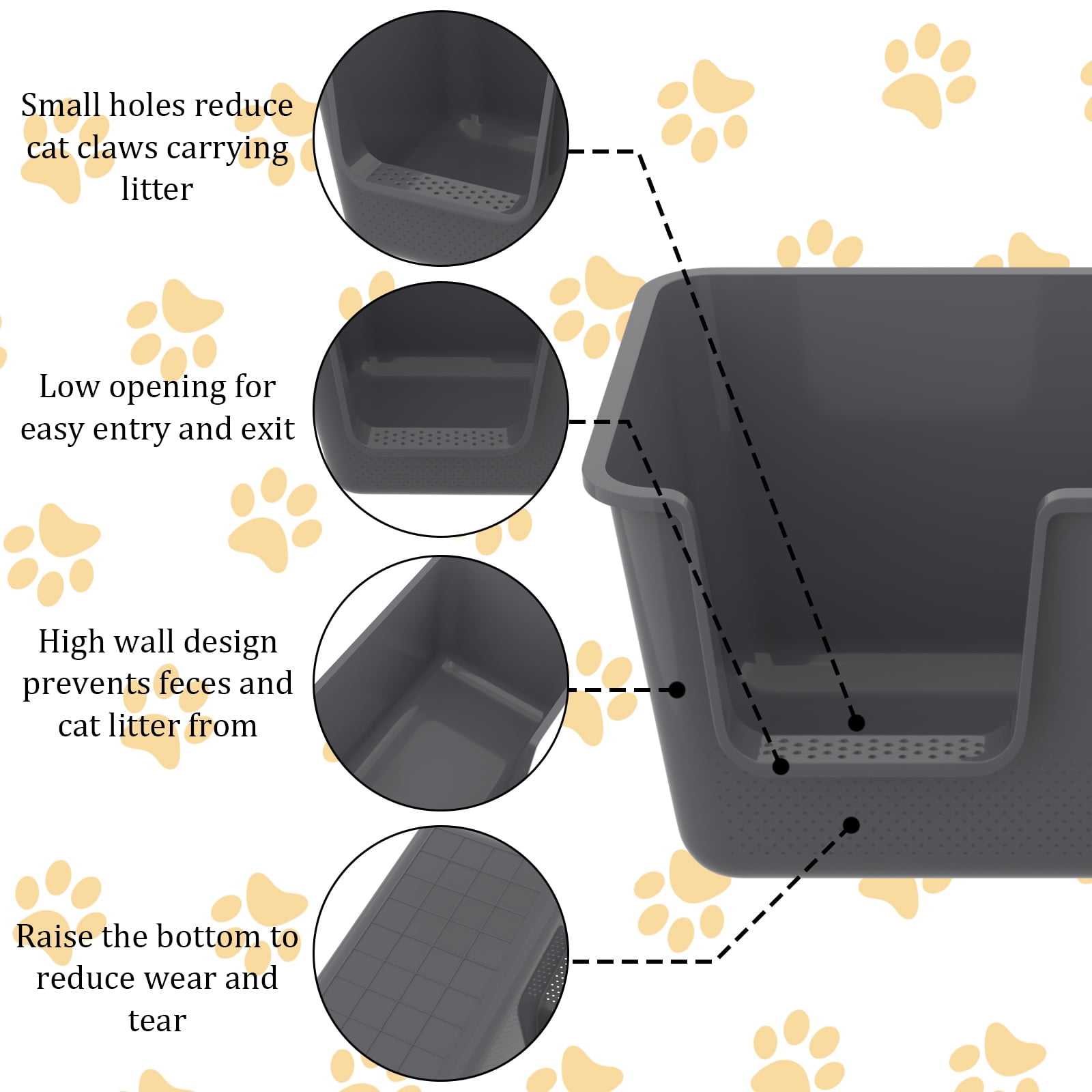 Yesdate Open Cat Litter Box, Large Standard Litter Box, Kitten Litter Potty Pan for Small & Large Cats, Easy to Clean, Low Entry, 4 Units, Grey