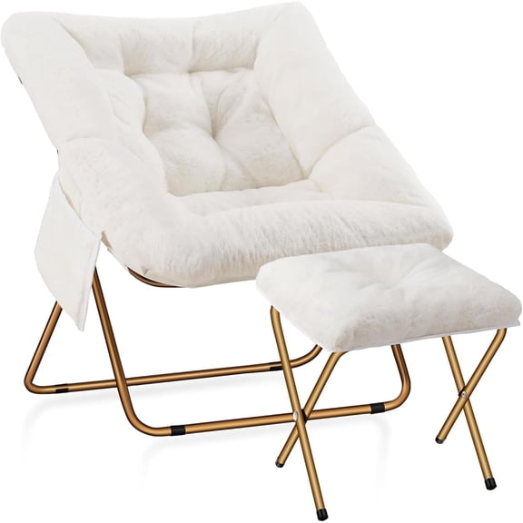 Comfy Saucer Chair for Adults, Foldable Living Room Chairs, Soft Faux Fur Lounge Chair for Bedroom, Reading Chairs, X-Large (Ottoman-White)