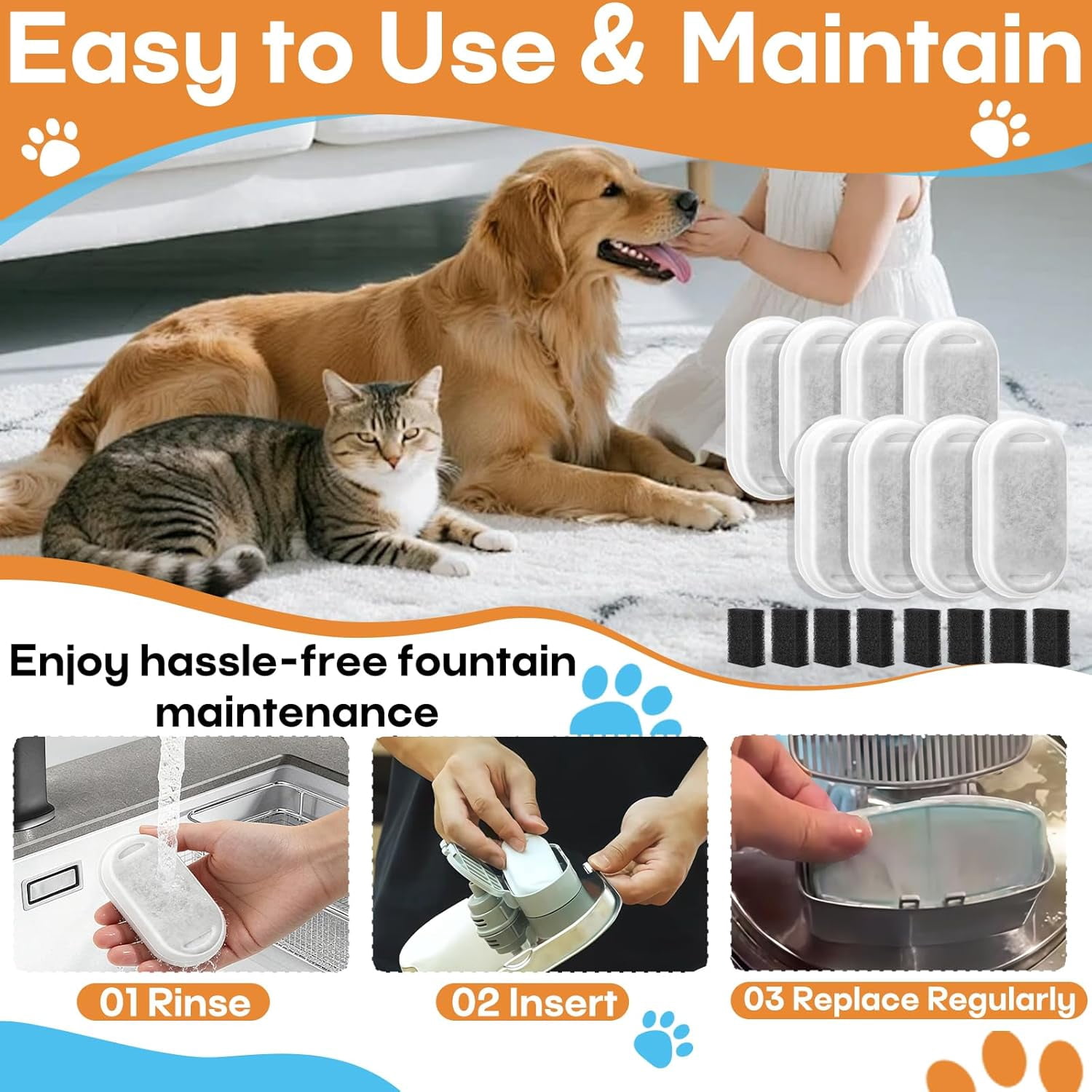 8 Pack Cat Water Fountain Filter, 2-Month Set Compatible with 74oz/2.2L Stainless Steel Pet Fountain, Quiet, Durable, Efficiency Filtration