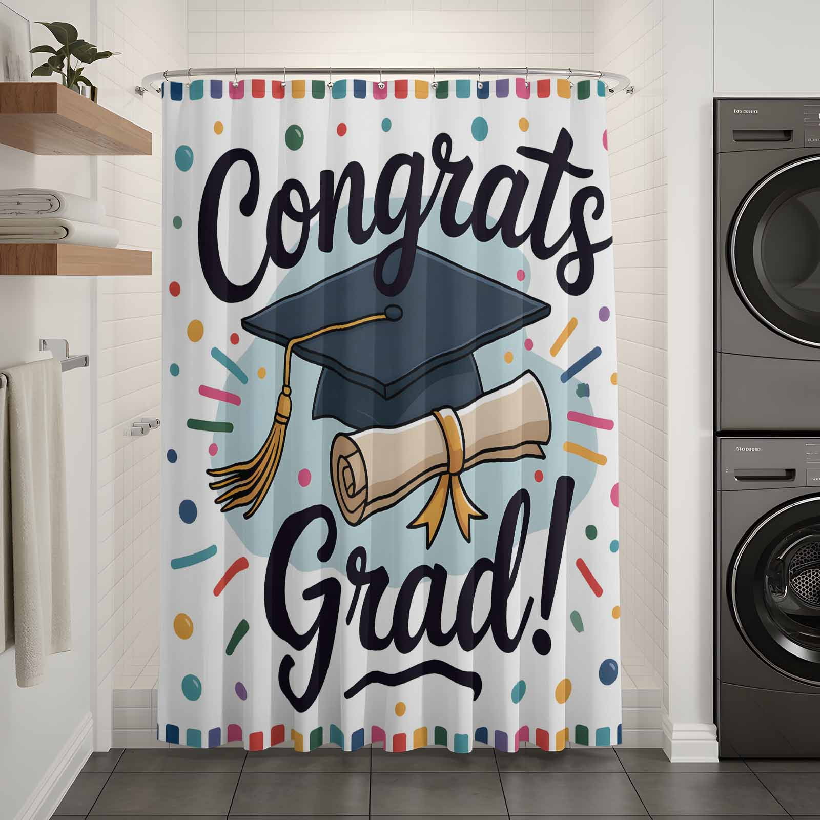 Xipuska Black Blue Graduation Hat Shower Curtain - Water Repellent Fabric Shower Curtains Washable, Funny Words Decorative Polyester Cloth Bathroom Curtains Modern Bath Decor 72"x78"