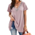 thumbnail image 1 of Camiseta de manga corta para mujer con cuello en V de encaje, color puro, informal, suelta, para primavera, verano y otoño, 1 of 6