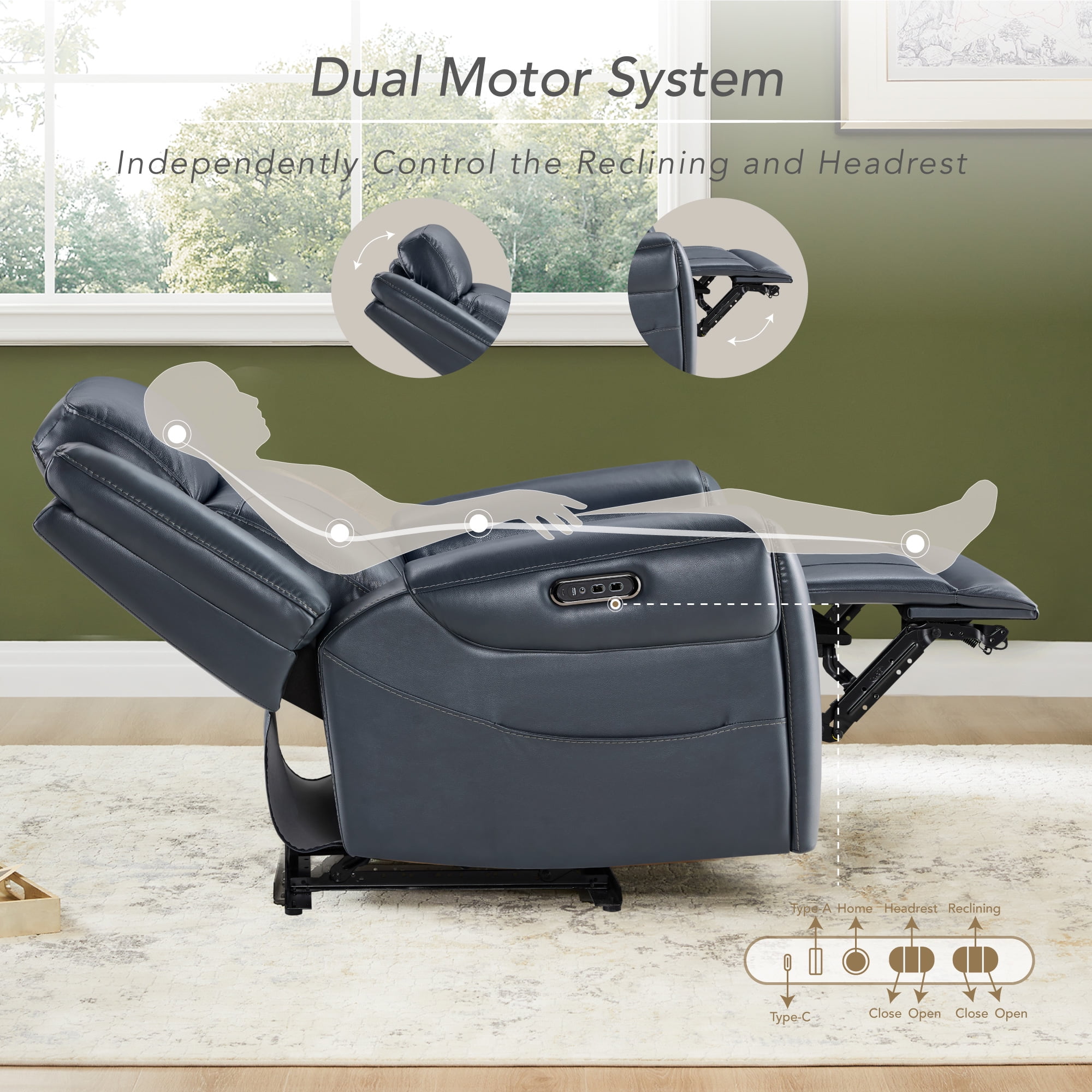 Spruce & Spring Wall Hugger Genuine Leather Power Recliner with Headrest, Navy