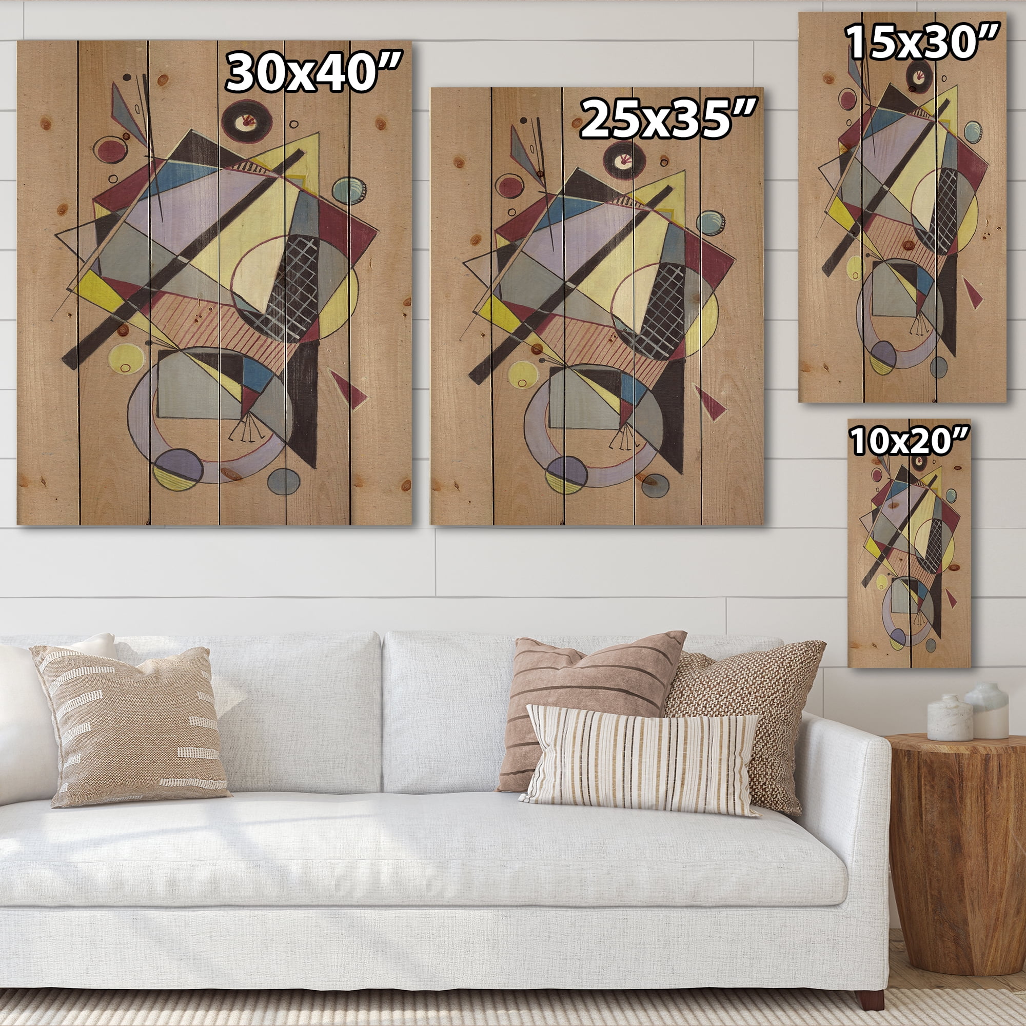 Designart 'Abstract Compositions Of Colored Geometric IV' Modern Print on Natural Pine Wood