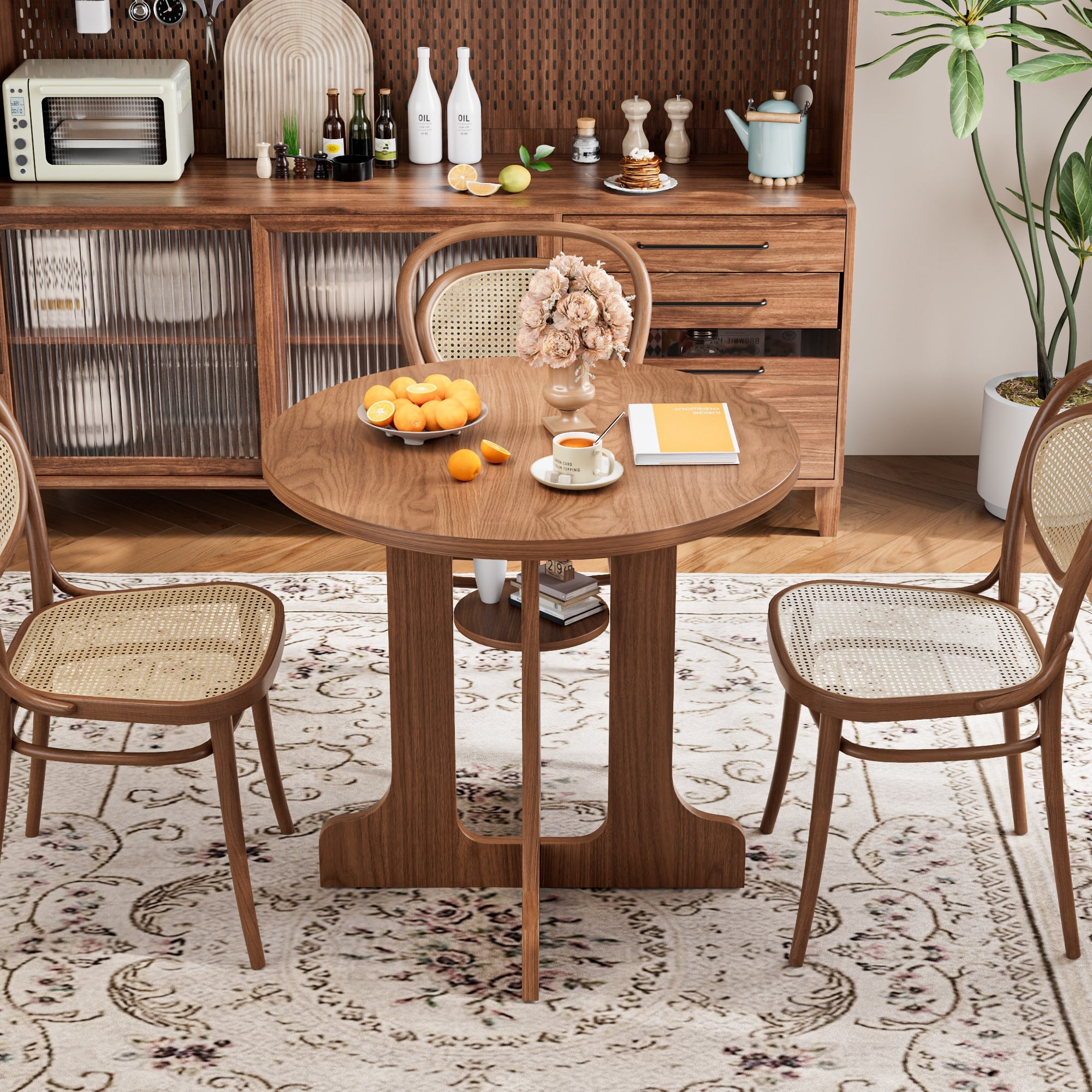 31.5 Inch Round Dining Table for 2-4, Modern Kitchen Table with Storage Shelf, Small Dining Room Table for Living Room, Walnut