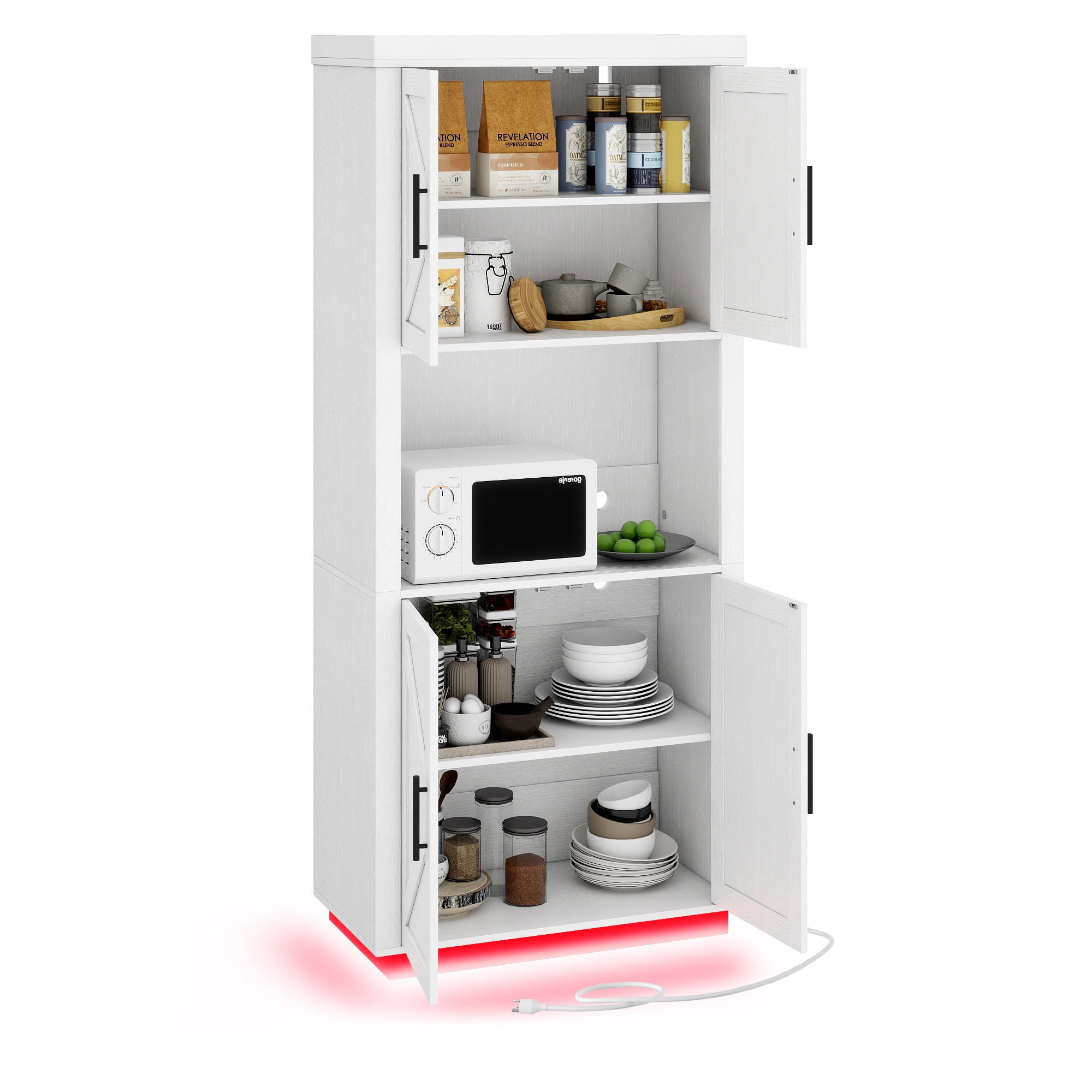Uforic Kitchen Pantry Cabinet with Power Outlets & LED Lights, Farmhouse Storage Cabinet, White