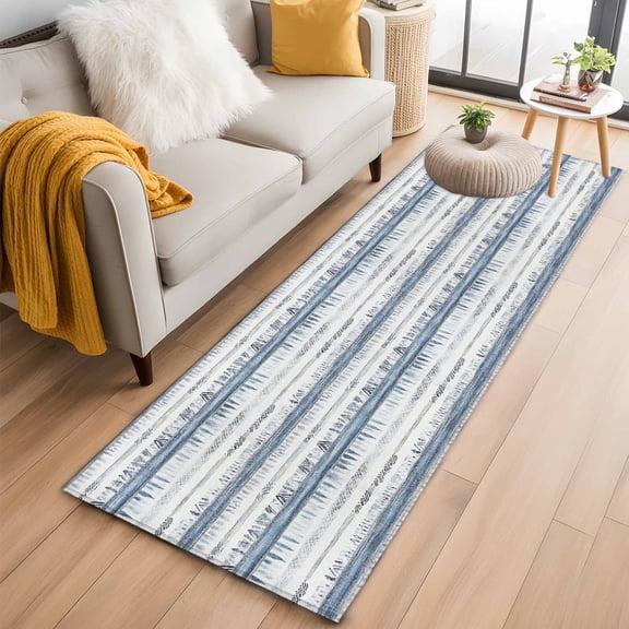 White Blue Stripe Kitchen Runner Rug 2x6 Washable Runners for Hallway Non Slip Abstract Modern Vintage Large Area Rug Indoor Floor Carpet for Bathroom Laundry Entryway Bedroom Living Room