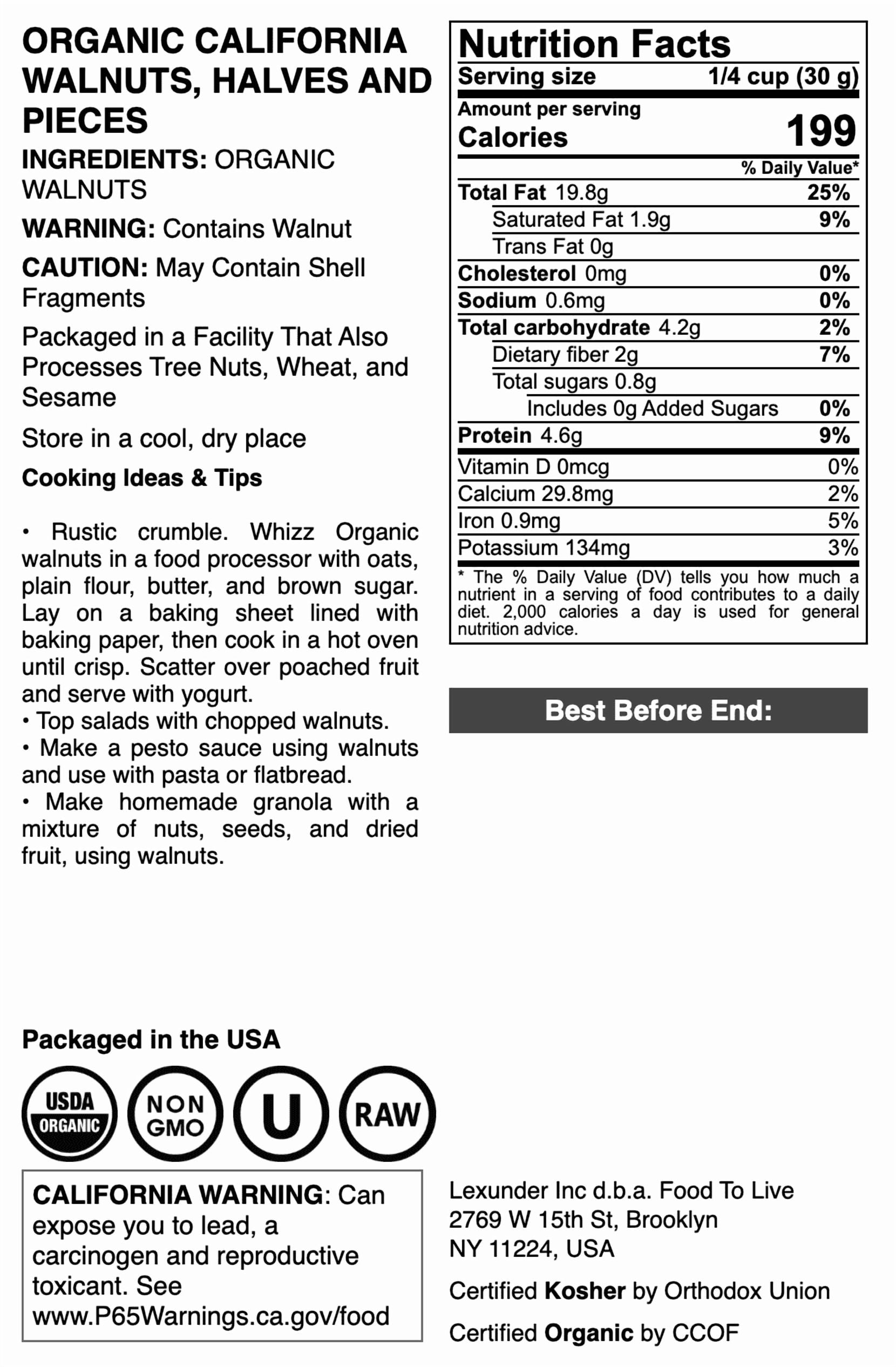 Organic California Walnuts Halves&Pieces, 12 Pounds–Non-GMO,Kosher–Food to Live
