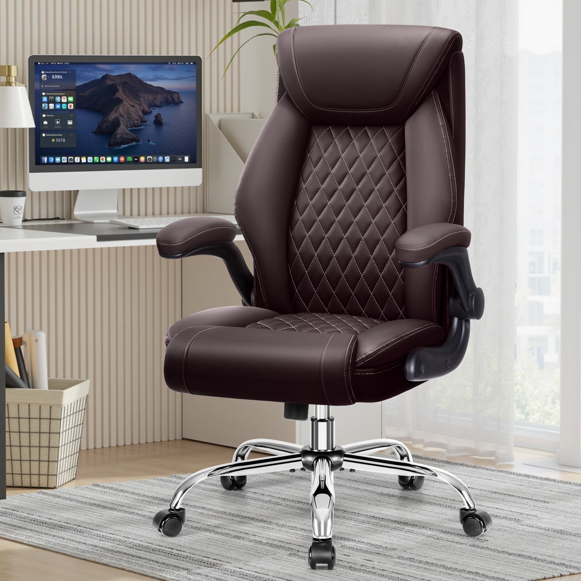 FASTES Ergonomic Office Chair, Desk Chair with High Back Flip-up Armrests Big and Tall Gaming Leather Chair with Rocking Function 2 Reclining Position,Coffee
