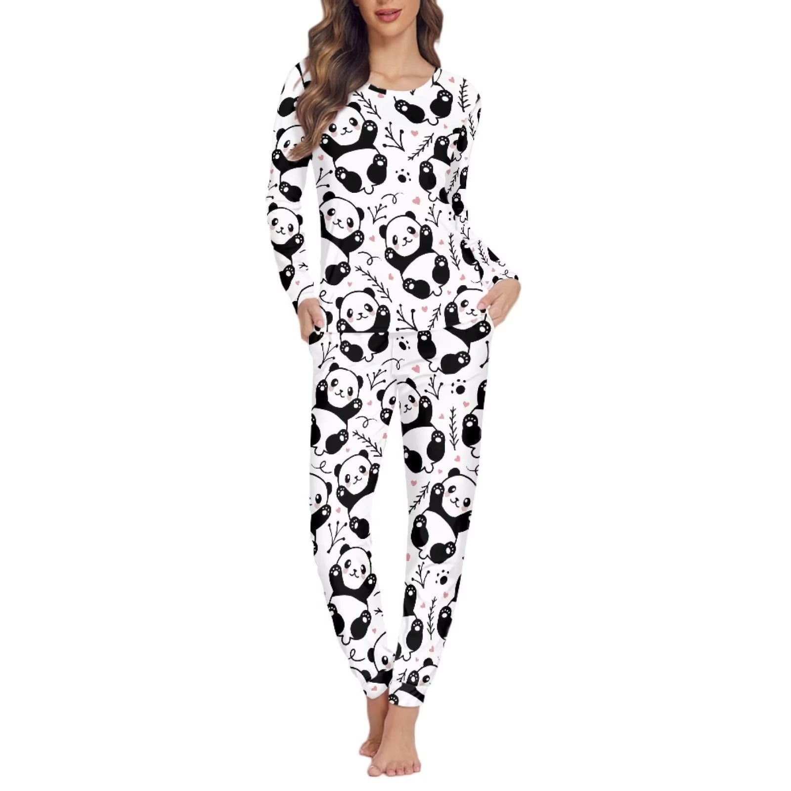 Renewold Long Sleeve Pajamas for Women Lovely Pandas Print Sweatpants