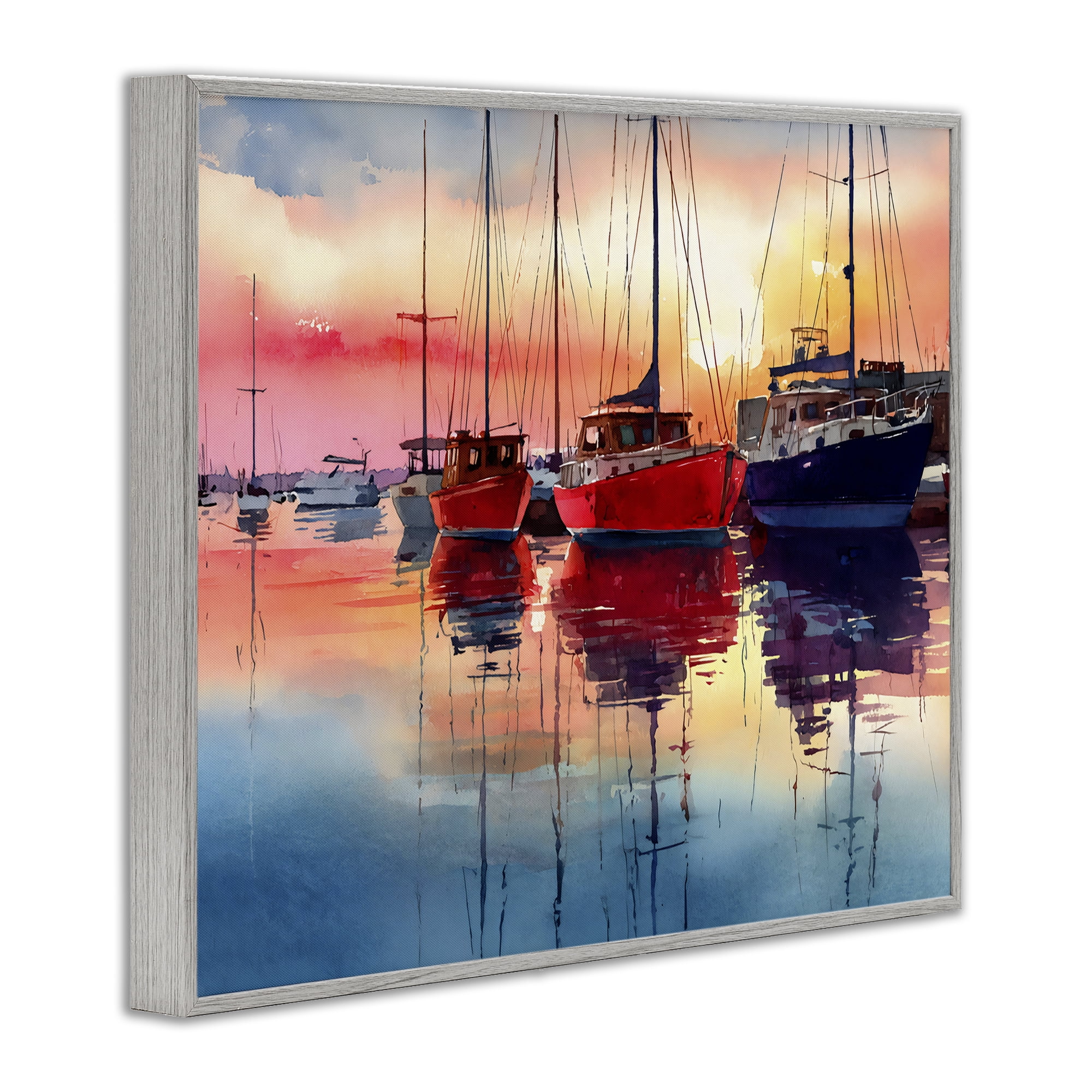 Stupell Industries Red & Blue Boats at Sunset Gray Framed Giclee Art, design by Franklyn Gregory