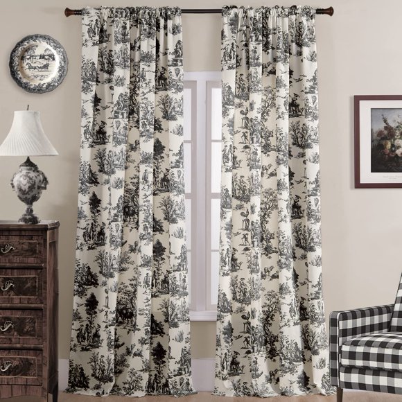 Classic Modern Curtains 108 Inches Long for Living Room 2 Panels Elegant Farmhouse Toile Floral Design Patterned Print on Cream Linen Cotton Drapes for Dining Room,Black and White,52x10