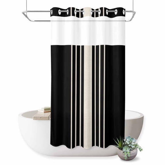 No Hook Shower Curtain,Black Beige Striped Waterproof Fabric Shower Curtains for Bathroom,Modern Farmhouse Retro Lines Bathroom Curtain with Mesh Top Window for Home Hotel Bathtub,Small Stall 36"x72"