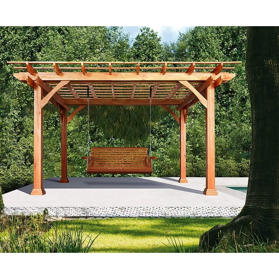 AECOJOY Outdoor Pergola with Porch Swing 12’x10’Outdoor Wood Deck Garden Patio Gazebo with Comfort Hanging Bench Swing