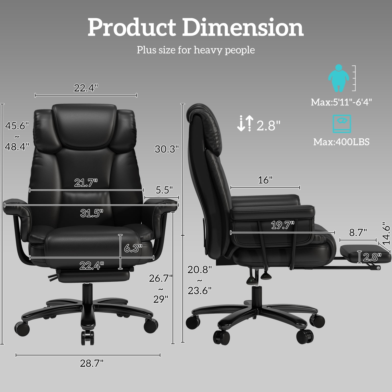 HomeZeer Big and Tall Office Chair with Footrest, 400 lbs Modern High Back Leather Office Chair, Reclining Wide Seat Ergonomic Executive Home Office Computer Desk Chair, Black