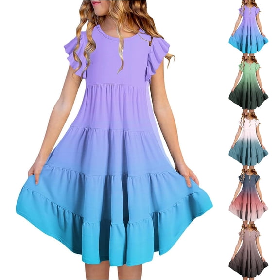 Dresses for Girls Summer Dresses Layer Butterfly Sleeves Flowy A Line Dress Casual Gradient Midi Dresses Little Girls 6-7 Years Beige