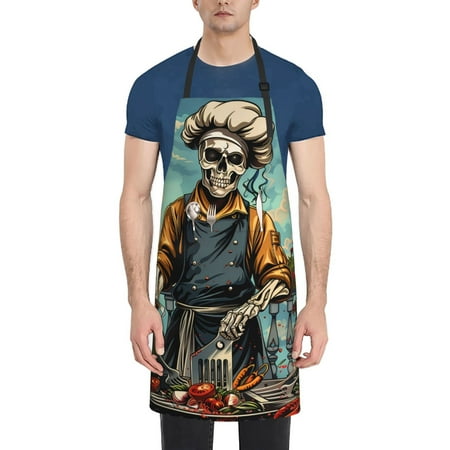

Xecao Skeleton Chef BBQ Scene Print Kitchen Cooking Aprons Waterproof Adjustable Bib Aprons with 2 Pockets for Women Men Chef