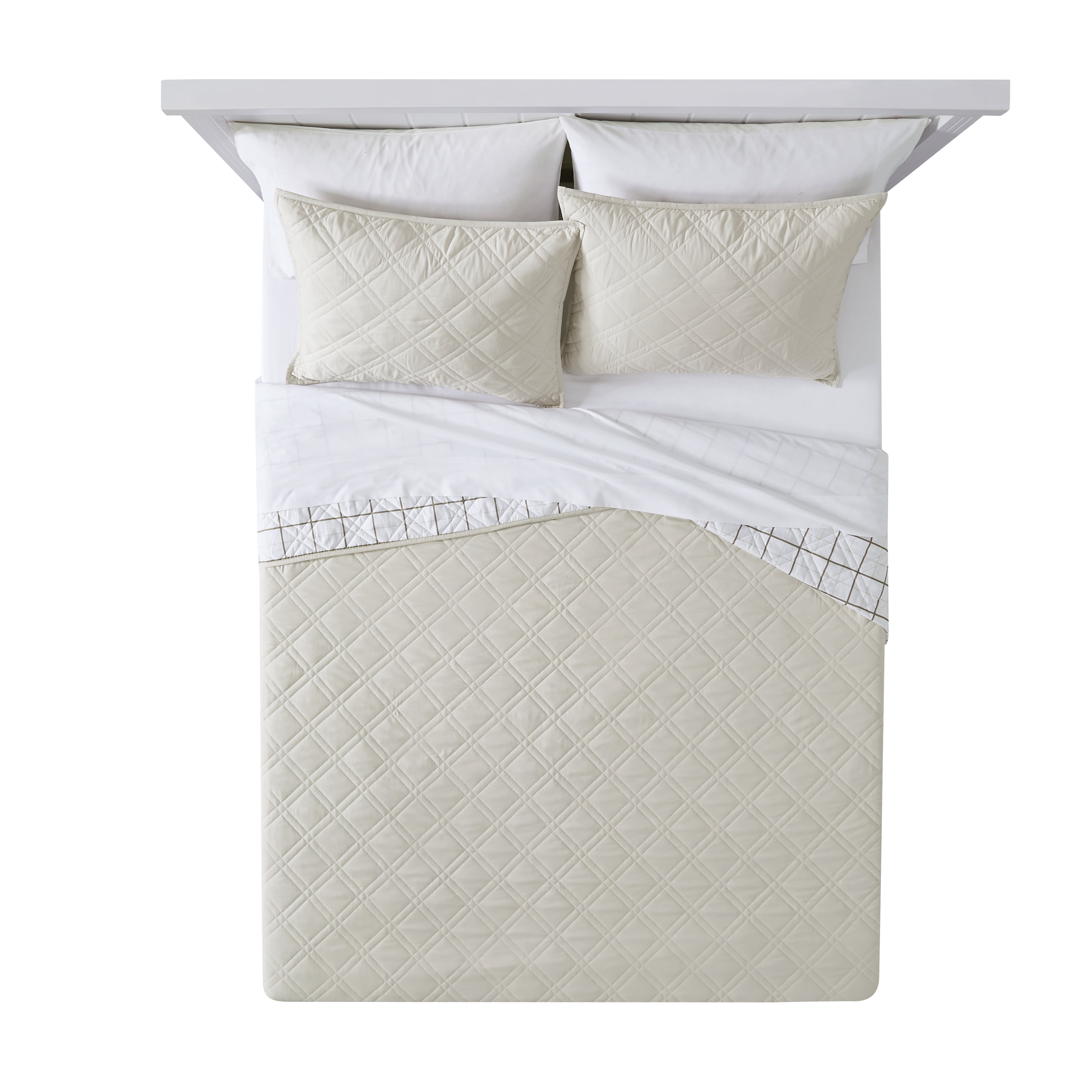 Mainstays Emmett Beige Diamond Pattern and Plaid Microfiber Quilt, Full/Queen - Reversible