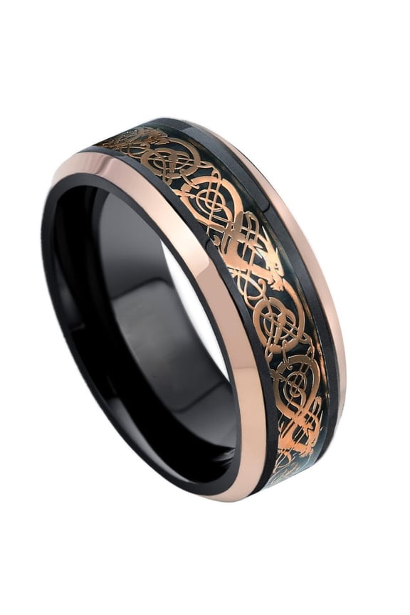 Custom Personalized Engraving Wedding Band Ring Set for Him & Her - 8mm Two-tone Black & Rose Gold IP Plated Celtic Cut-Out Design Inlay & Beveled Edge