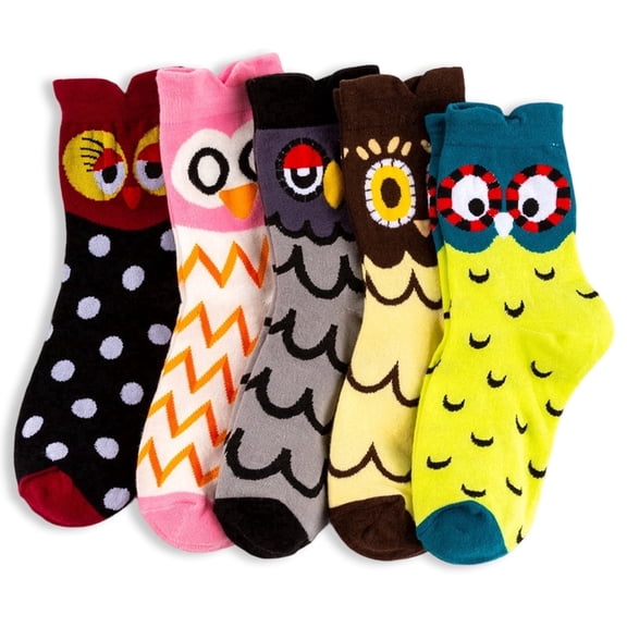 Kicpot 5 Pack Womans Fun Socks Owl Sock Crew Socks Cute Animal Design