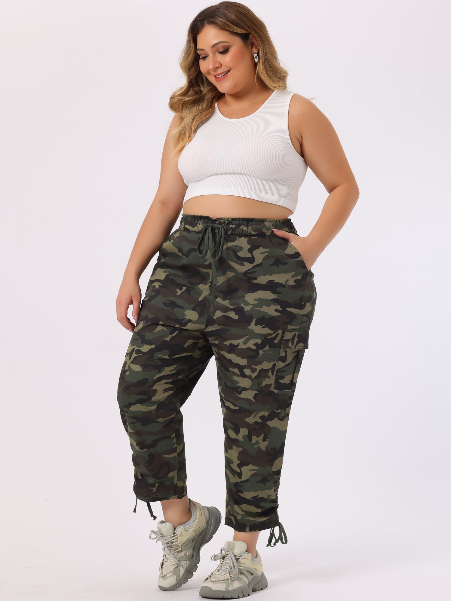 DARING DIVA Women's Plus Size Drawstring Elastic Waist Cargo Pants 5X Camouflage