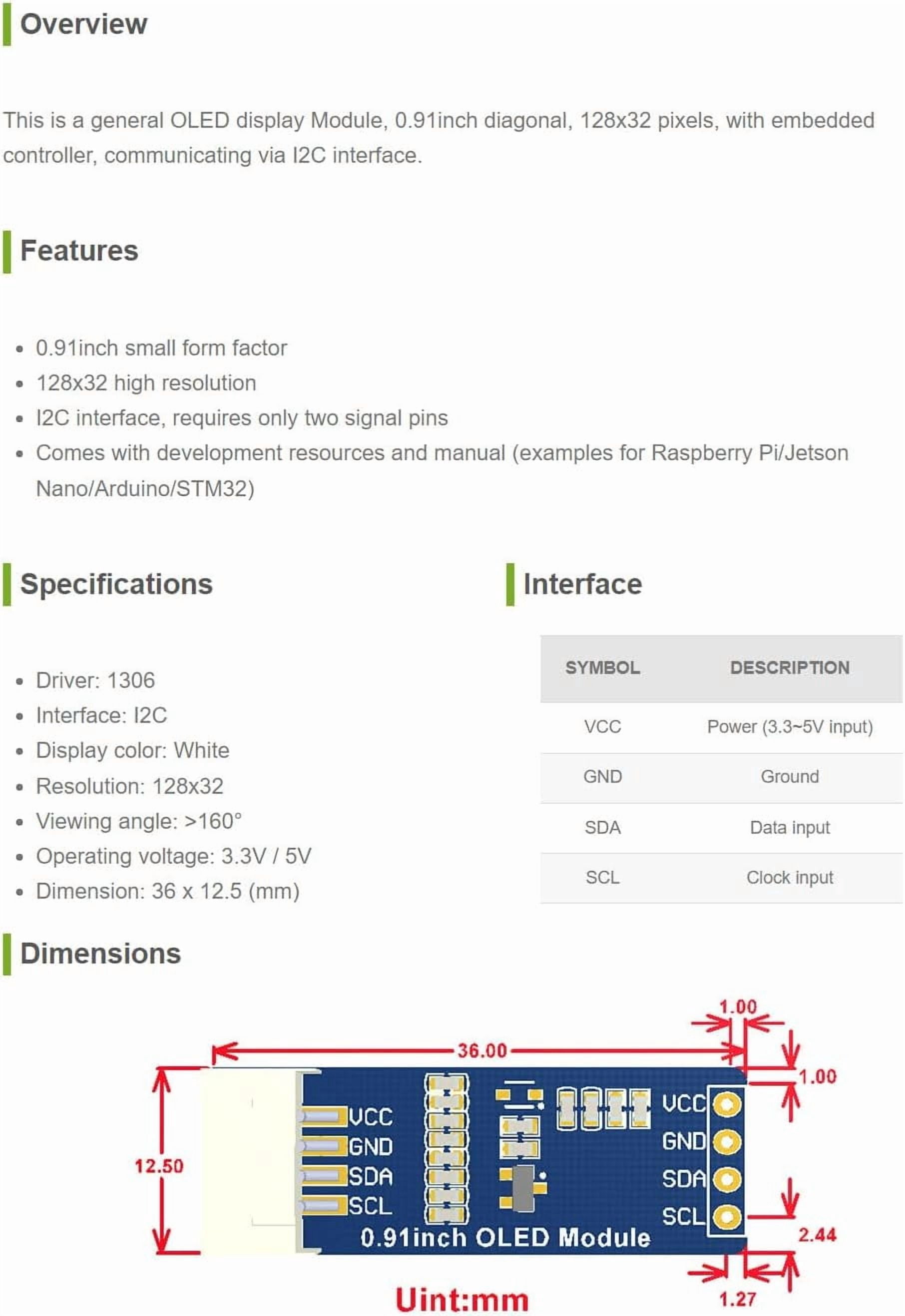 0.91inch OLED Display Module 128x32 Pixels with Embedded Controller Communicating via I2C Compatible with /Jetson Nano/STM32