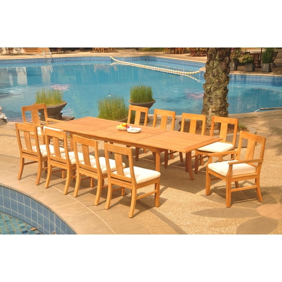 Grade-A Teak Dining Set: 10 Seater 11 Pc: 118" Double Extension Rectangle Table And 10 Osborne Chairs (2 Arm & 8 Armless Chairs) WholesaleTeak #WMDSWVm