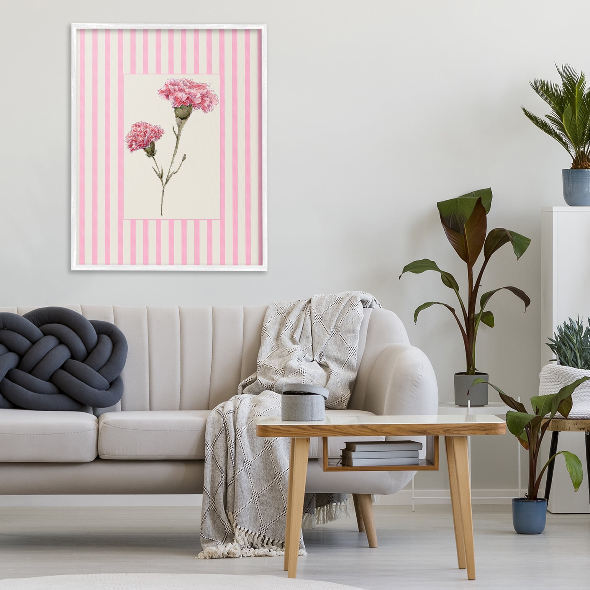 Pink Stripe Carnation White Framed Giclee Art, design by Lisa Wehmeyer