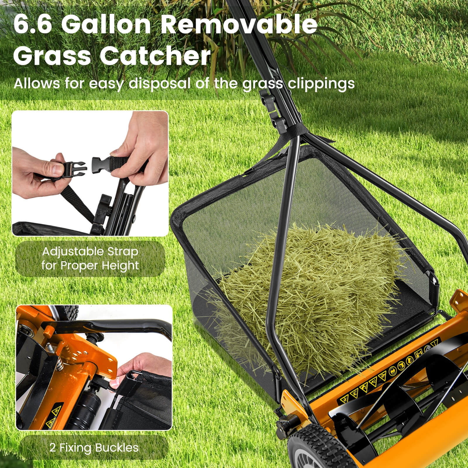 Ironmax Push Lawn Mower, Cordless 14” Manual Reel Mower, Adjustable Cutting Heights Orange + Black