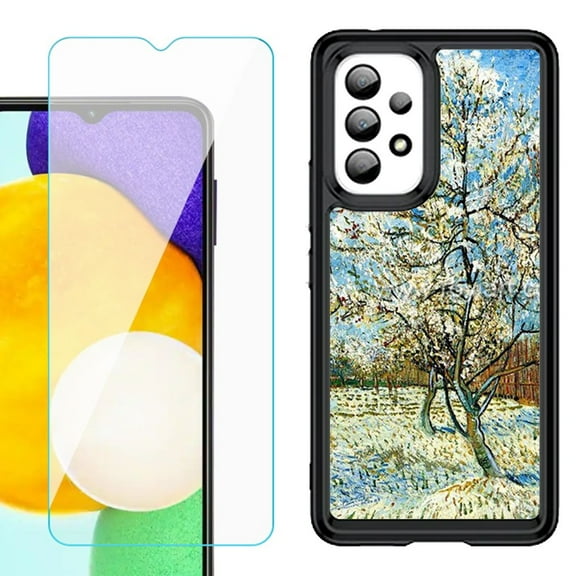 Shockproof Bumper (Black Frame) phone Case for Samsung Galaxy A23 5G, with Tempered Glass Screen Protector, by OneToughShield ® - Peach Tree Blossom