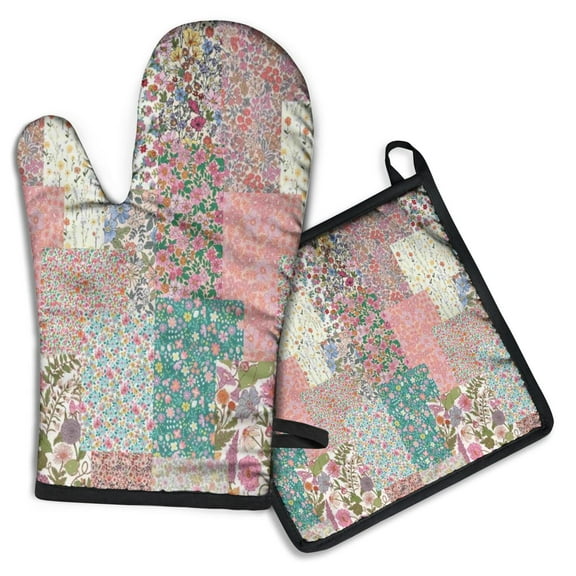 Pioneer Flower Kitchen Oven Mitt and Pot Holder Sets 2 Pcs for Baking, Cooking and Grilling, Heat Resistant Up To 392 °F