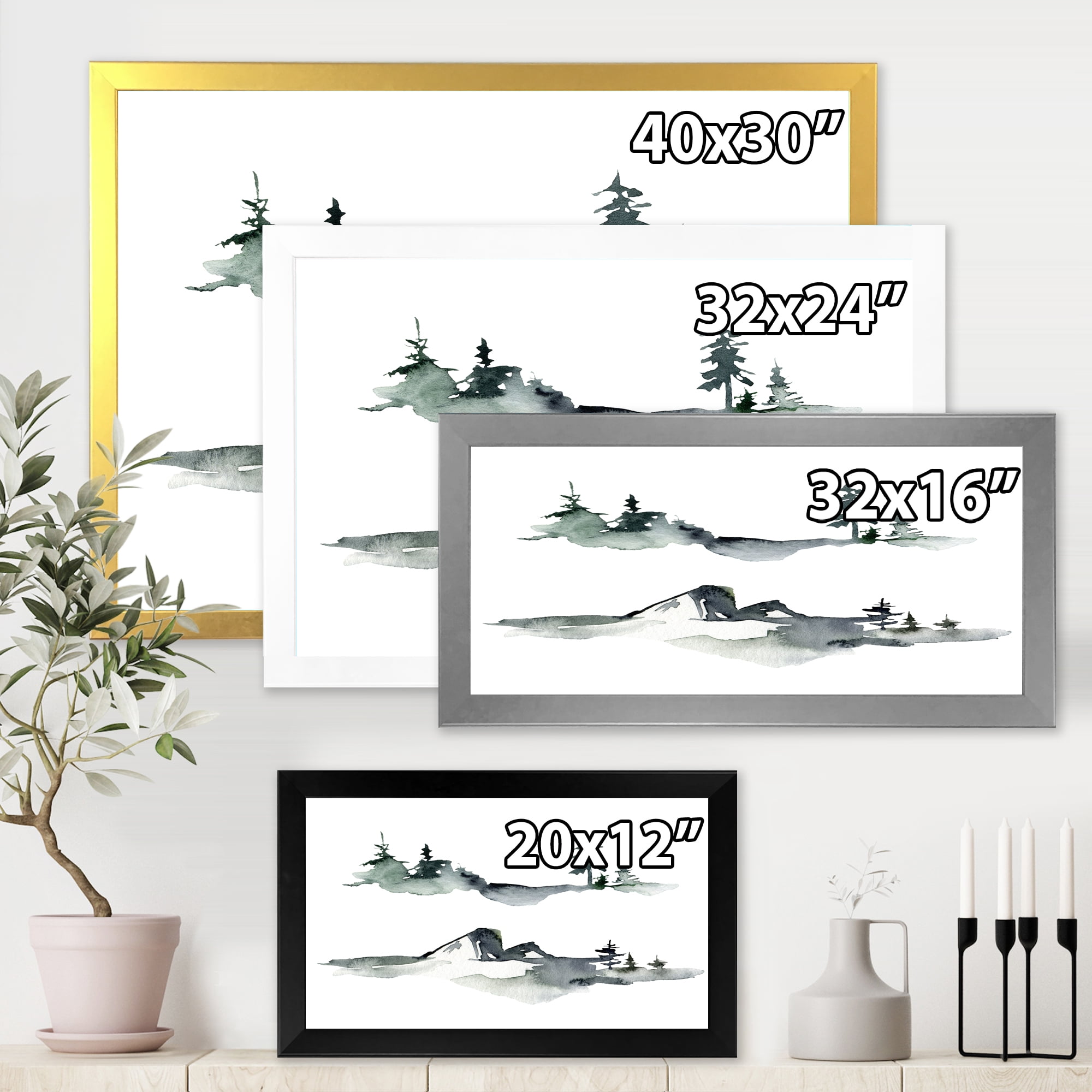Designart 'Trees With Winter Dark Blue Mountain Landscape I' Modern Framed Art Print