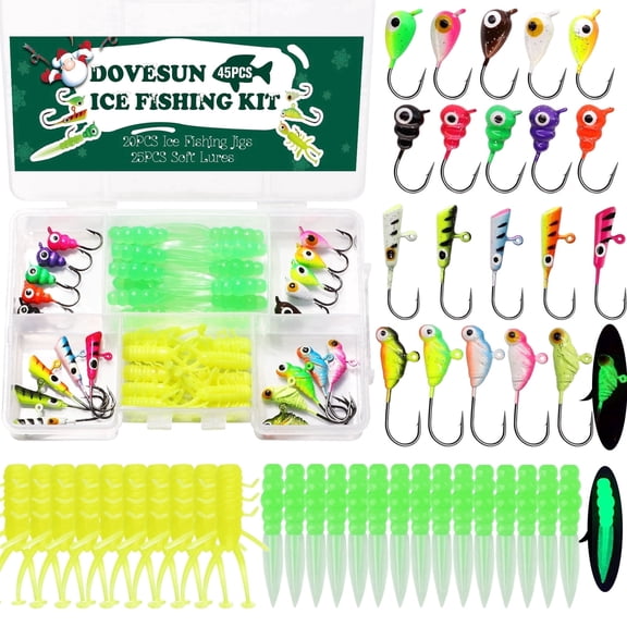 Ice Fishing Jigs Kit 45PCS Combo with Glow Ice Fishing Lures for Winter Fishing Crappie Trout