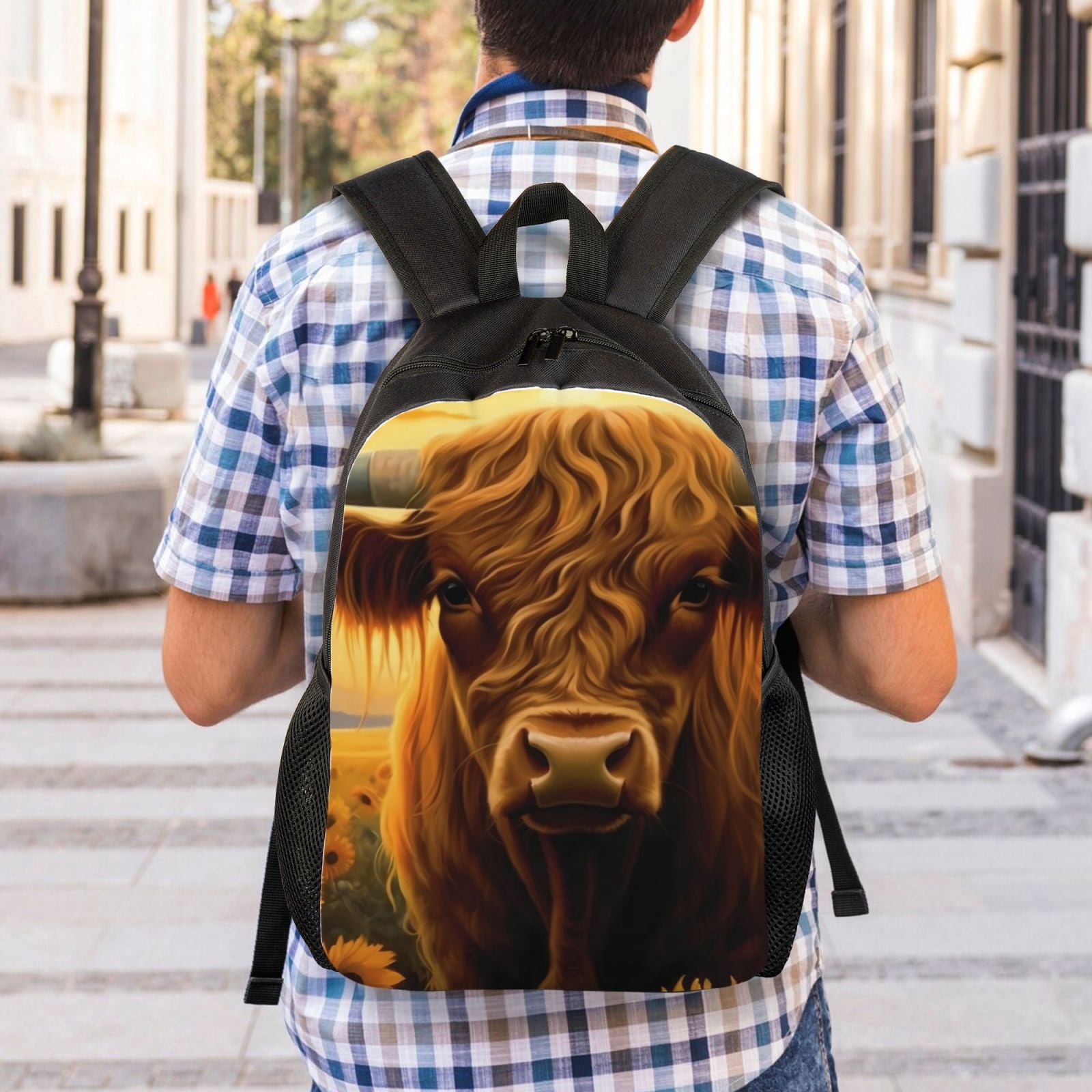 Xecao Sunset Sunflower Cow A Print School Backpack with Laptop Compartment Small Travel Laptop Backpack for Women Men Waterproof College Backpack Simple School Bag