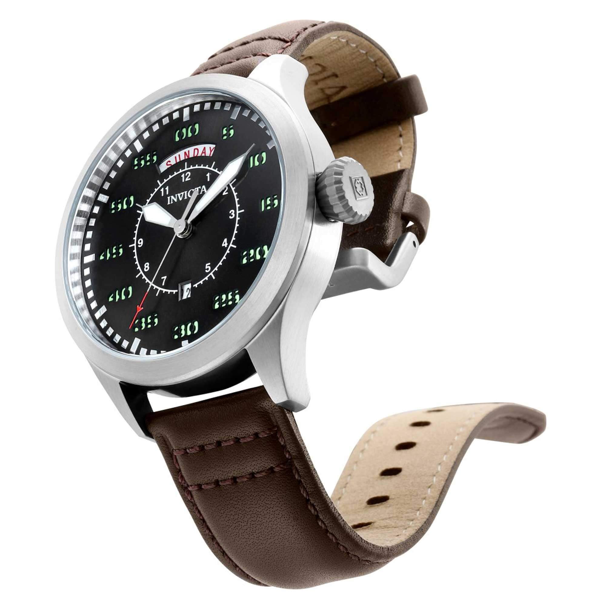 Invicta Men's 22973 Aviator Brown Genuine Leather Charcoal Dial Stainless Steel Watch