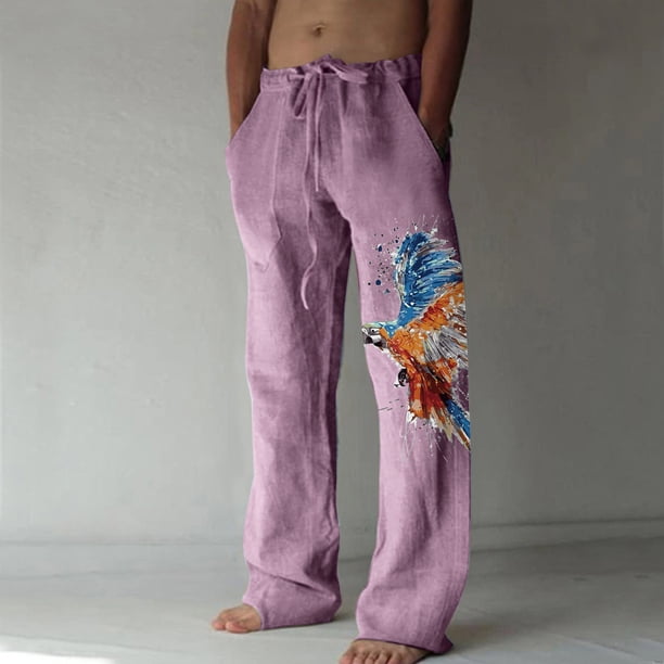 Pantalones largos de verano para hombre, de algodón y pierna ancha, deportivos con cordones estampados, informales