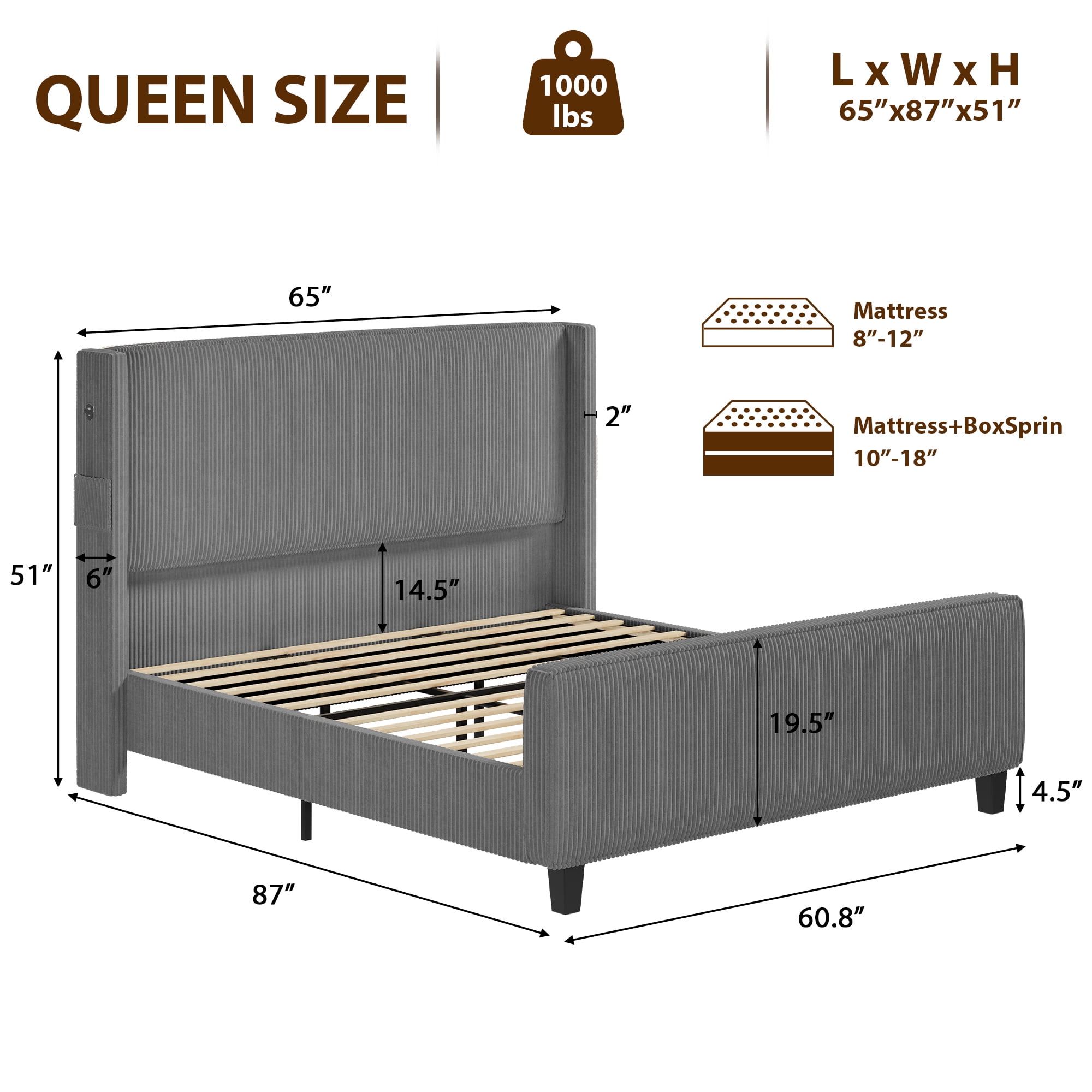 Gewnee 51"High Headboard Platform Queen Bed Frames,Corduroy Upholstered Bed Frame with USB Ports、Wingback and High Footboard.(Dark Grey)