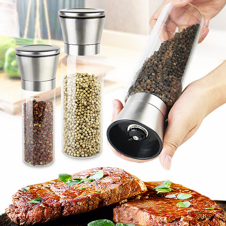 Stainless Steel Salt and Pepper Grinder with Borosilicate Glass Jar -  Adjustable Coarseness Clear Pepper Spices Shaker - 2pcs300ml carbon steel  core