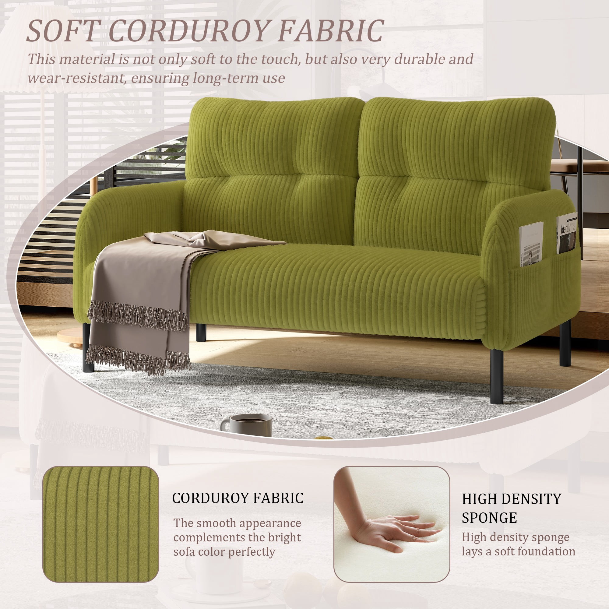 47" Small Loveseat Sofa Couch for Small Spaces,Corduroy Upholstered 2-Seater Love Seats for Apartment, Bedroom,Office,Green