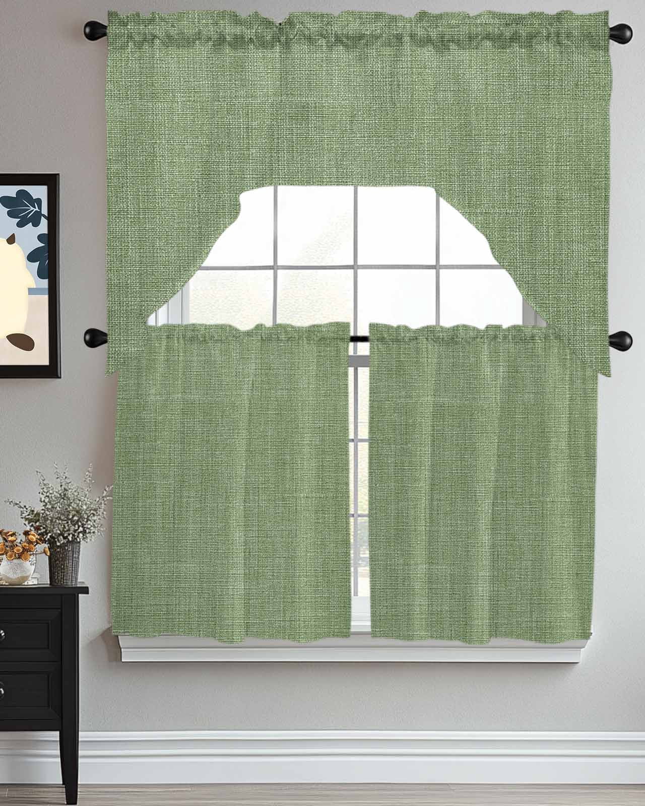 Vintage Forest Green Kitchen Curtains Swag Valance and Tier Curtains Set 24 Inch Length, Farmhouse Retro Solid Color Linen Texture Rod Pocket Drape Panels Pair Swag Curtains for Bathroom/Cafe/Window